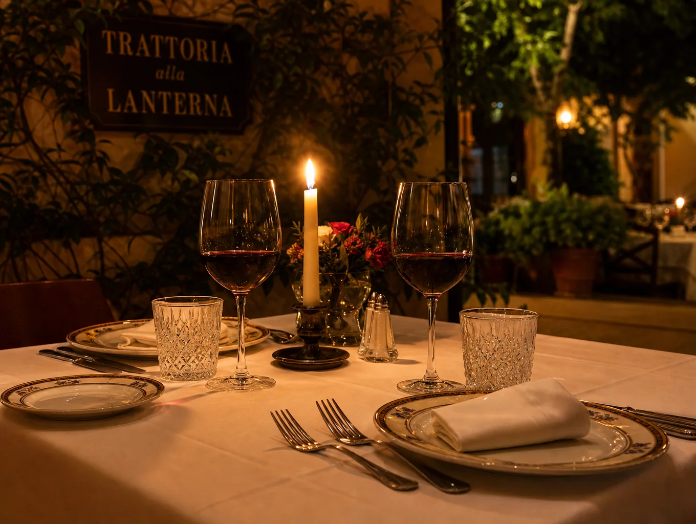 Romantic candlelit table setting in a modern Italian restaurant
