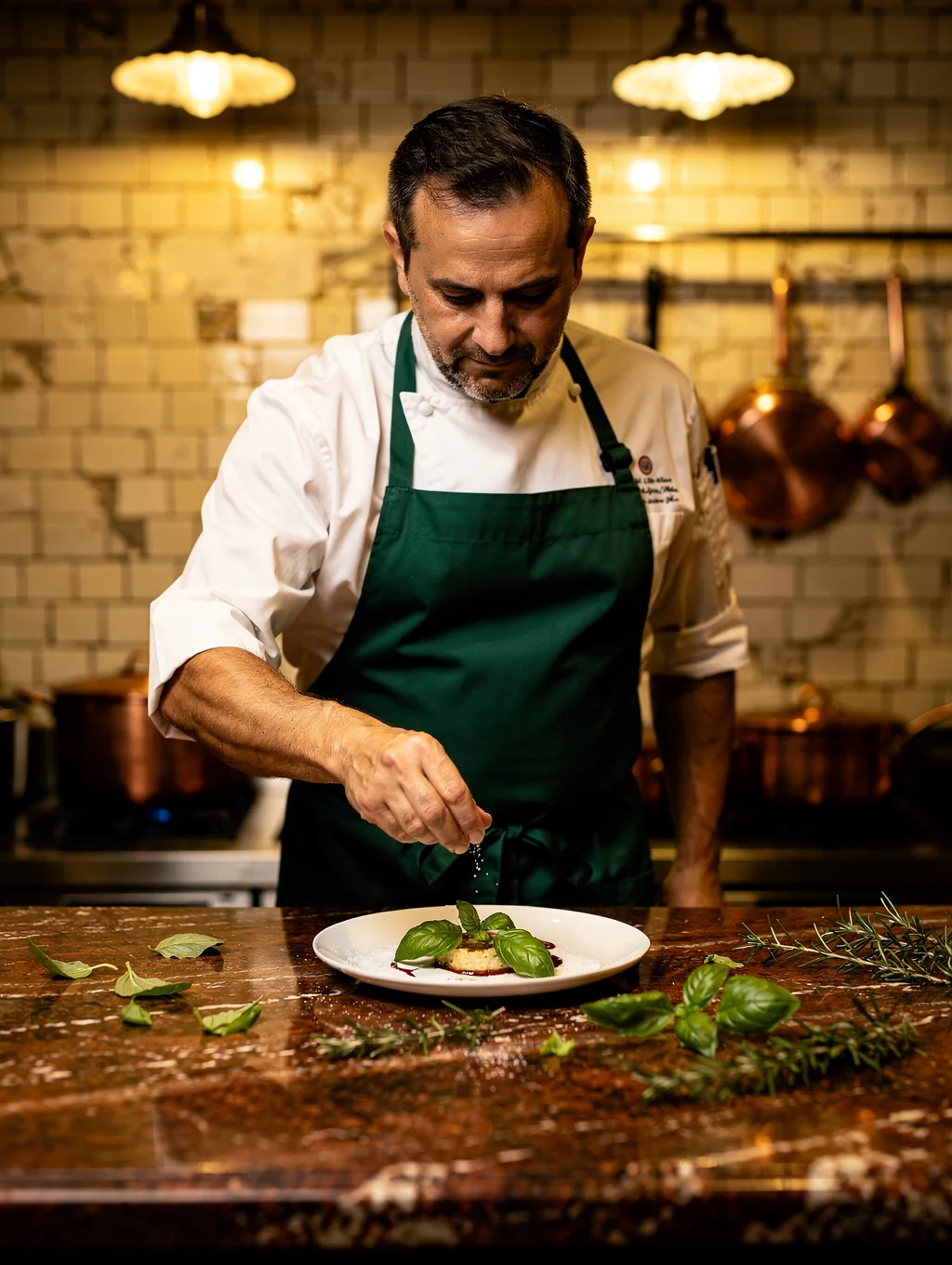Chef Marco Rossi plating an artisanal pasta dish in the kitchen
