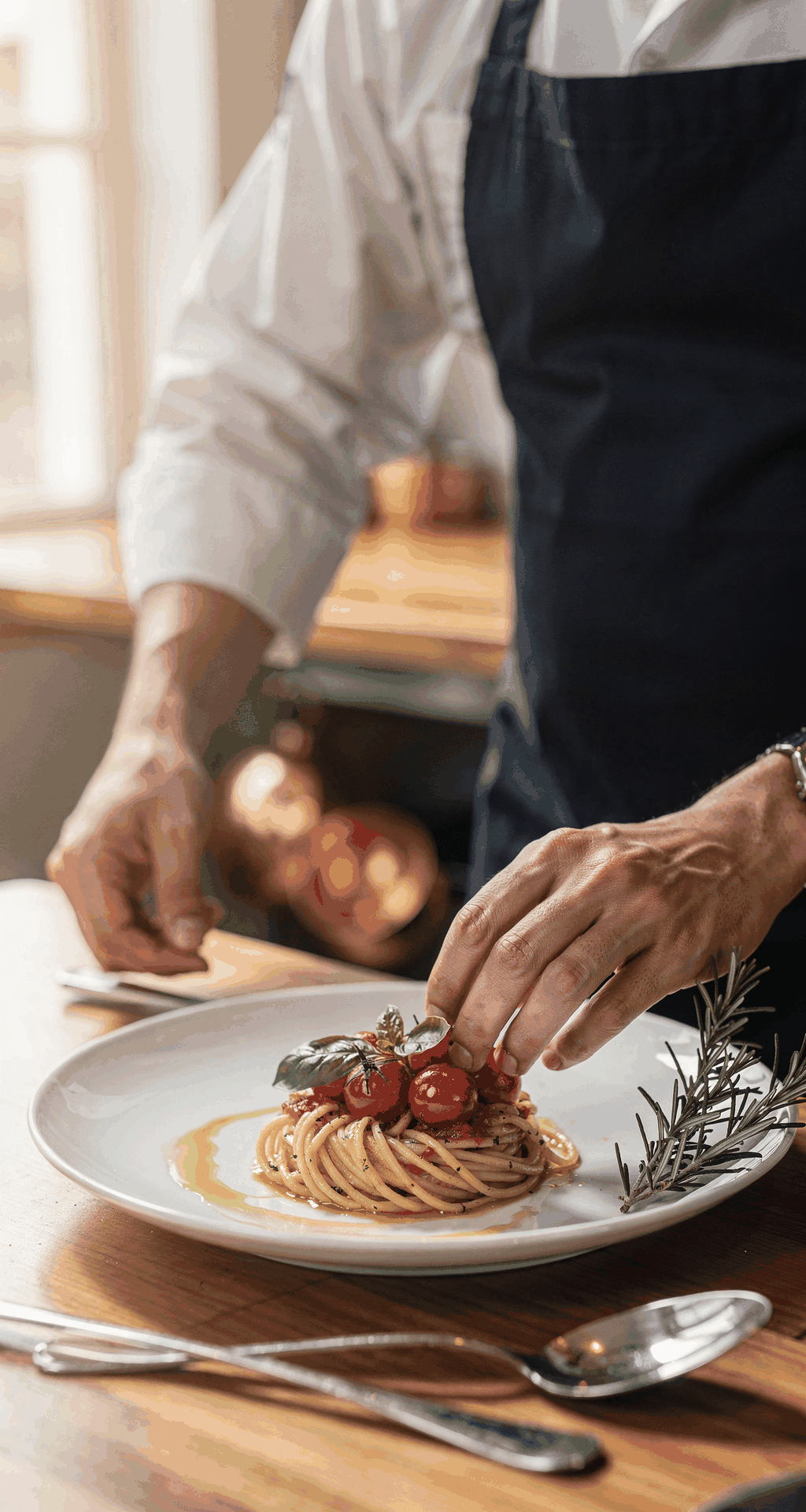Chef carefully plating a signature Italian dish in the kitchen