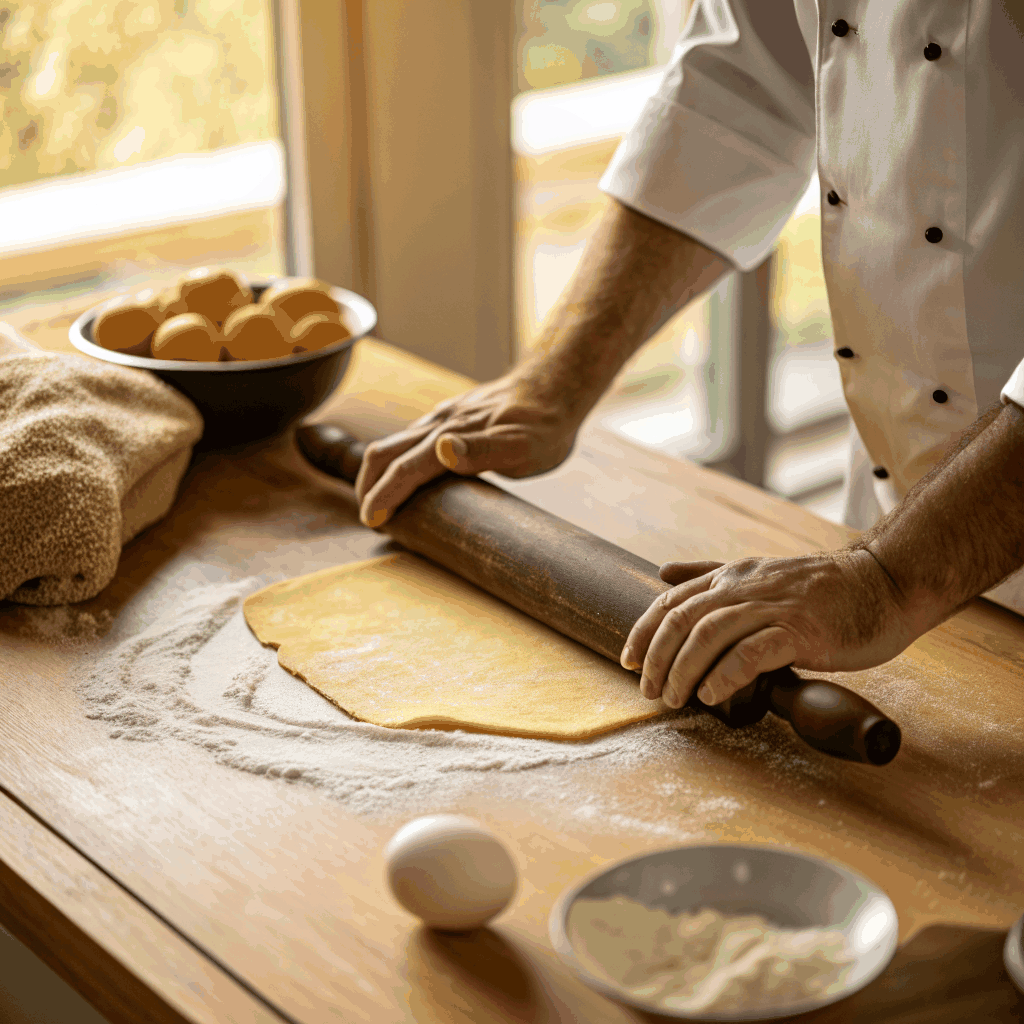 Freshly rolled pasta dough on a floured wooden surface