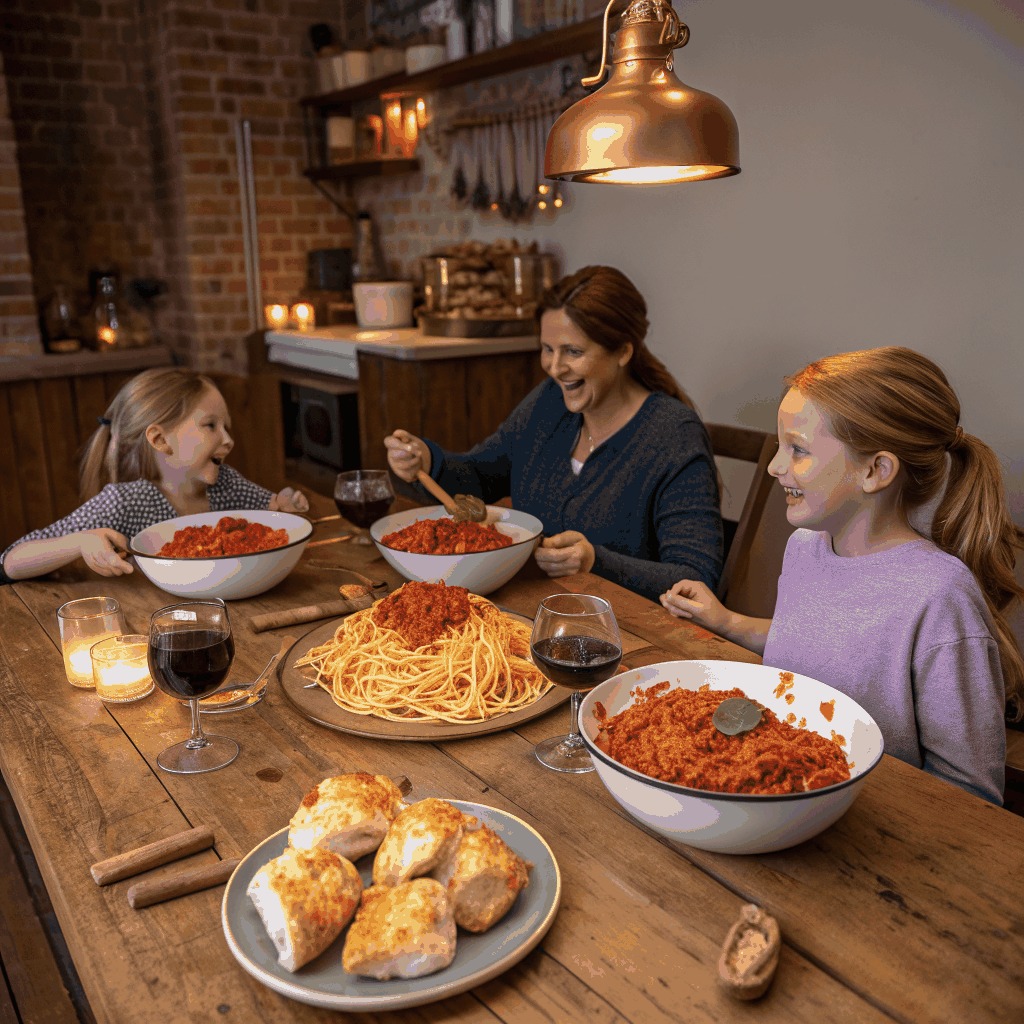 Friends sharing a large Italian meal at a rustic wooden table