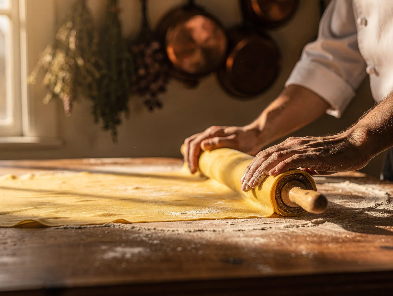 Chef hand-crafting fresh pasta in a rustic kitchen
